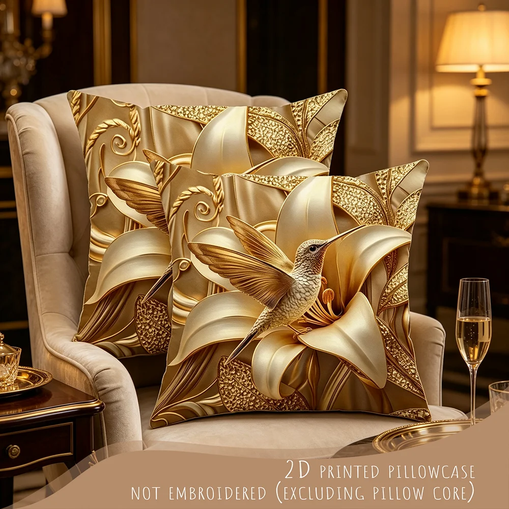 1PC Luxury Golden Hummingbird Lily Print Pillow Covers Elegant Floral 3D Effect Decorative Throw Pillow Sofa Couch Home Decor