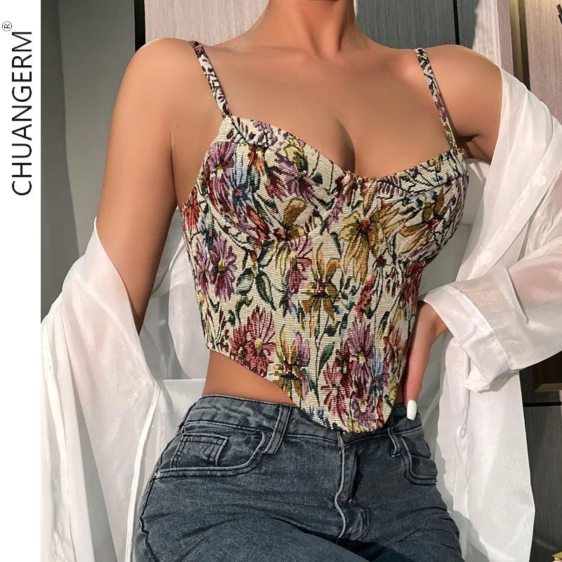 

CHUANGERM Sexy Corset Retro Floral Tube Top Printed Sleeveless V-neck Backless Bandage Lingerie Silm Skinny Vintage Bustier