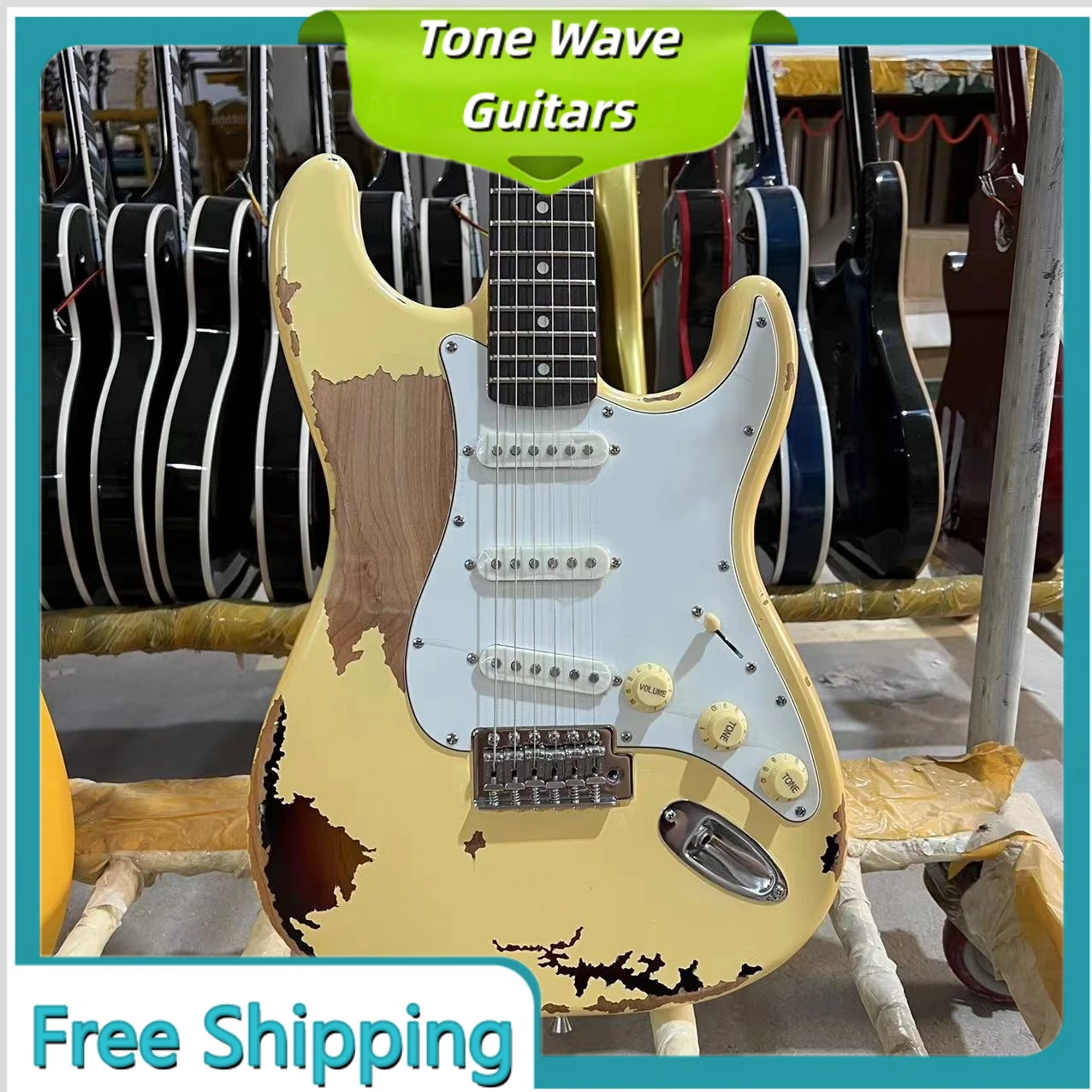 

Vintage Yellow ST Electric Guitar SSS Pickups Rosewood Neck Alder Body 21 Tone White Protective Board Classic Rock