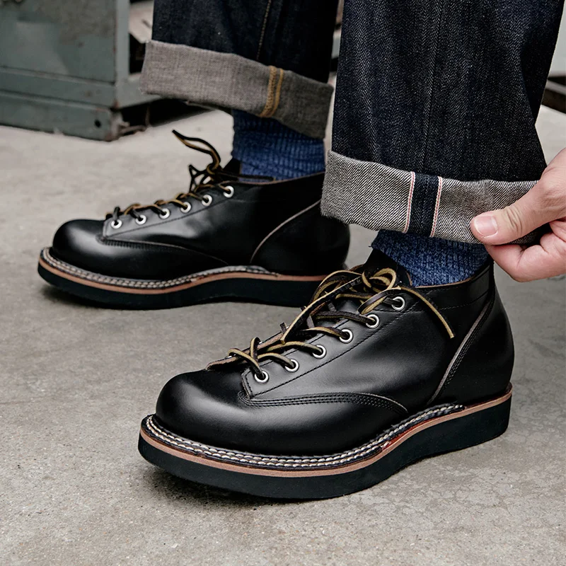 Vintage męskie okrągłe Toe buty do kostki ze skóry naturalnej koronkowa Retro Up skóra bydlęca bezpieczeństwo pracy Cargo buty motocyklowe Biker Riding Booots
