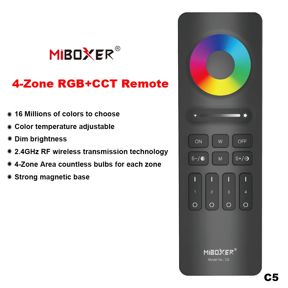 

Miboxer C5 2.4GHz 4-Zone Button + Touch Remote RF Wireless RGB+CCT Remote Control Lamp/LED Strip Controller