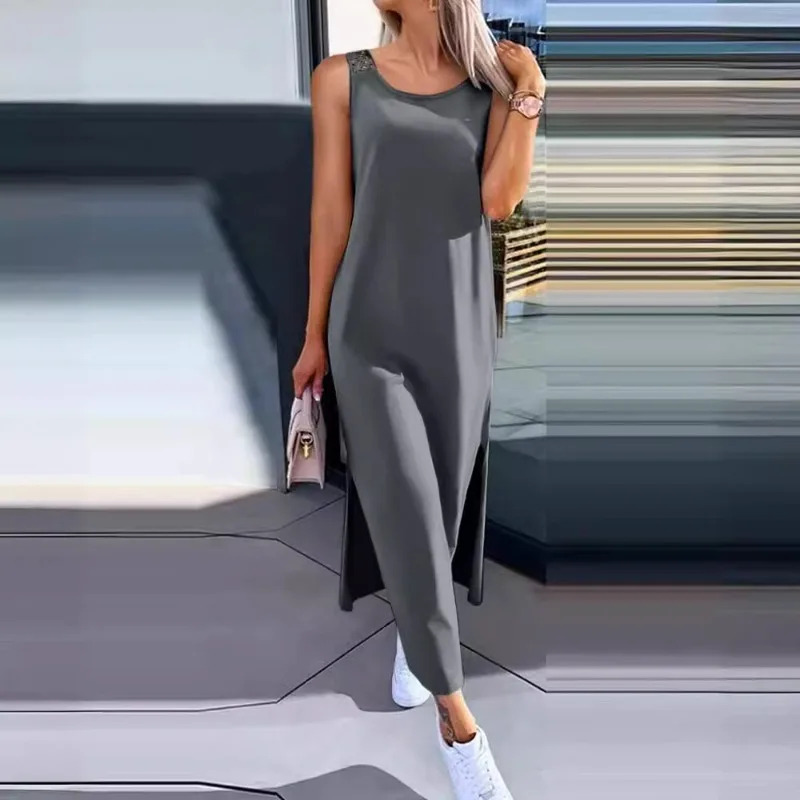 Wydrążona Sukienka Maxi Damska Bez Rękawów z Dekoltem O-neck, Nowa Letnia Dopasowana Sukienka z Rozcięciem, Vestidos Czarna