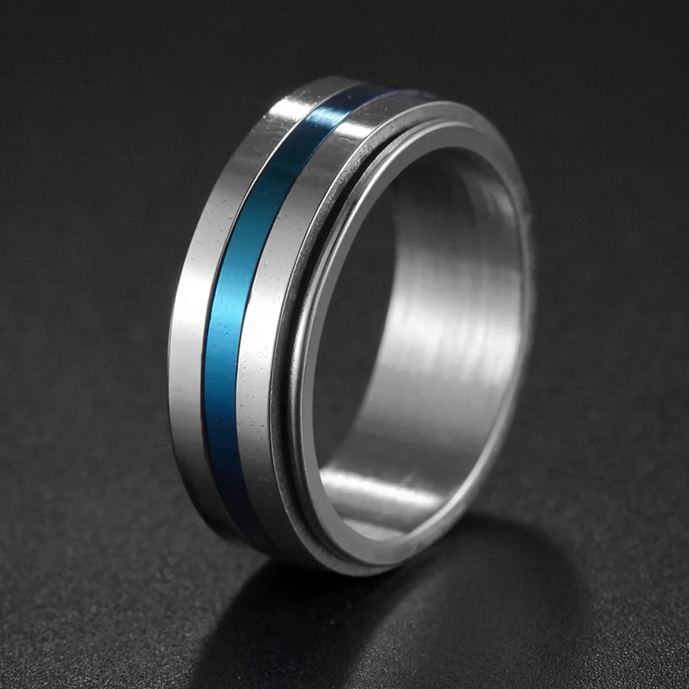8mm Spinner Ring for Men Stress Release Bague Blue Red Groove Stainless Steel Wedding Band Casual Sport Jewelry Anel Gift