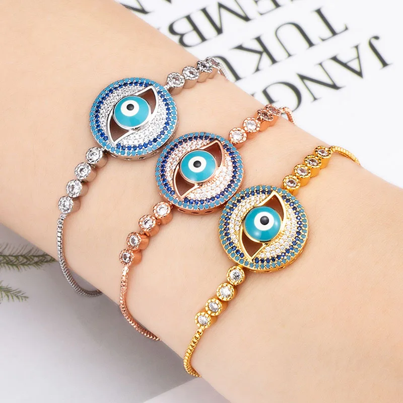 Zlxgirl jewelry Blue Enamel eye's Telescopic lock  bracelet and bangle for women micro pave setting bracelet accessory free ship