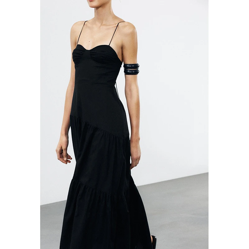 봄 여름 여성 패션을위한 나비 넥타이 백리스 디자인의 우아한 하이 웨이스트 코튼 블렌드 Strapl 롱 드레스