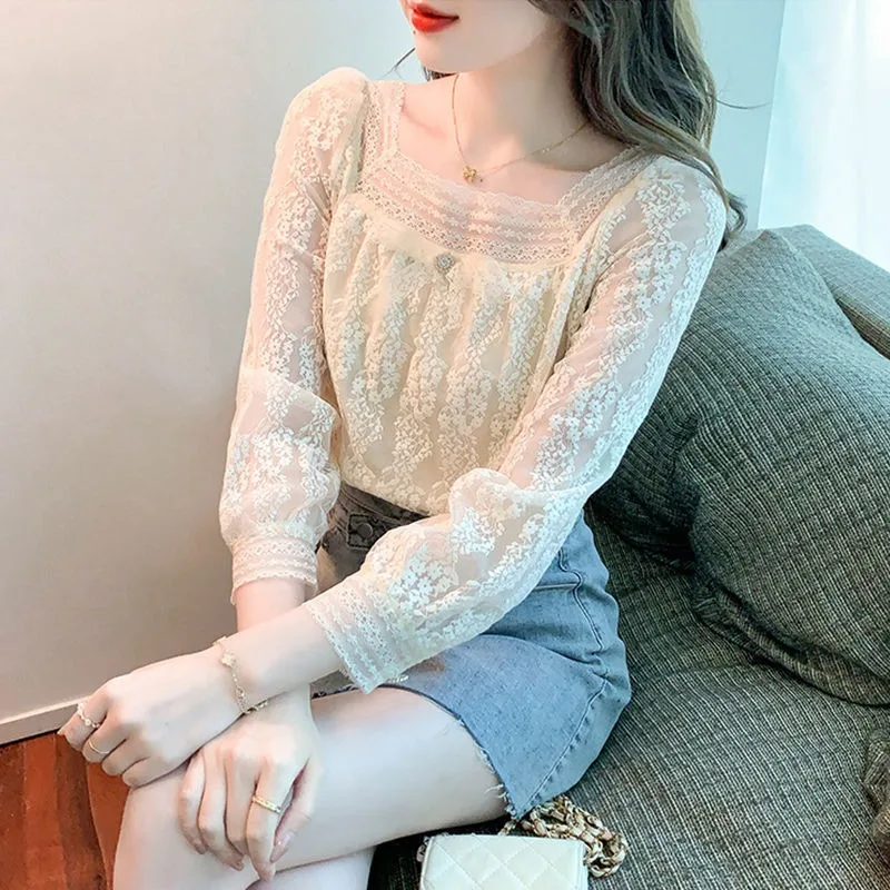 French Style Elegant Lace Base Layer Blouse Women\'s 2024 Autumn New Trendy Square Neck Chiffon Commuter Versatile Top