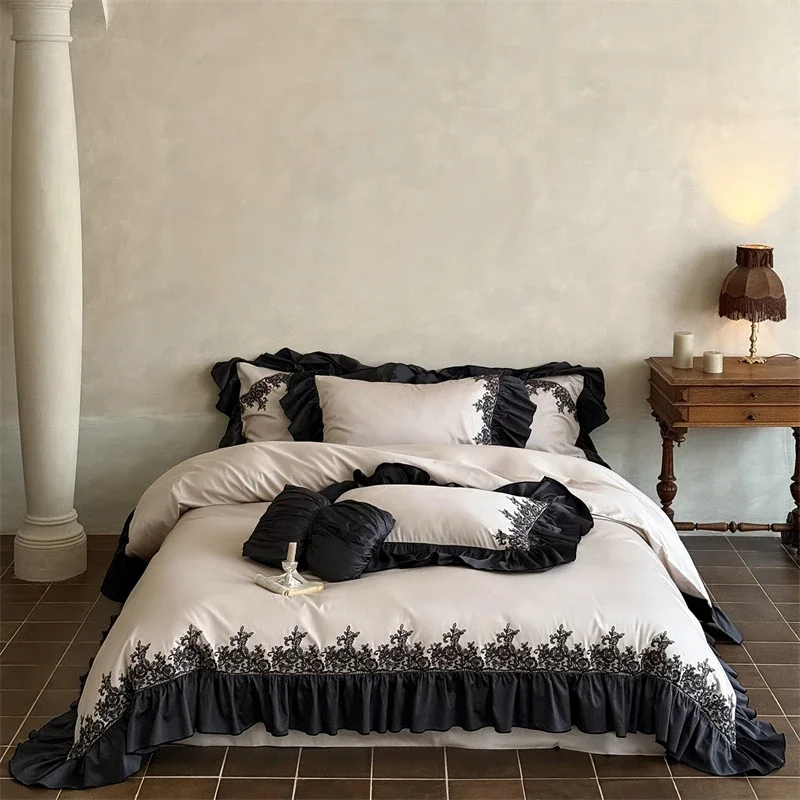 Luxury Embroidery Black Lace Ruffles Princess Bedding Set 1000TC Egyptian Cotton Duvet Cover Flat/Fitted Sheet Pillowcases 4Pcs