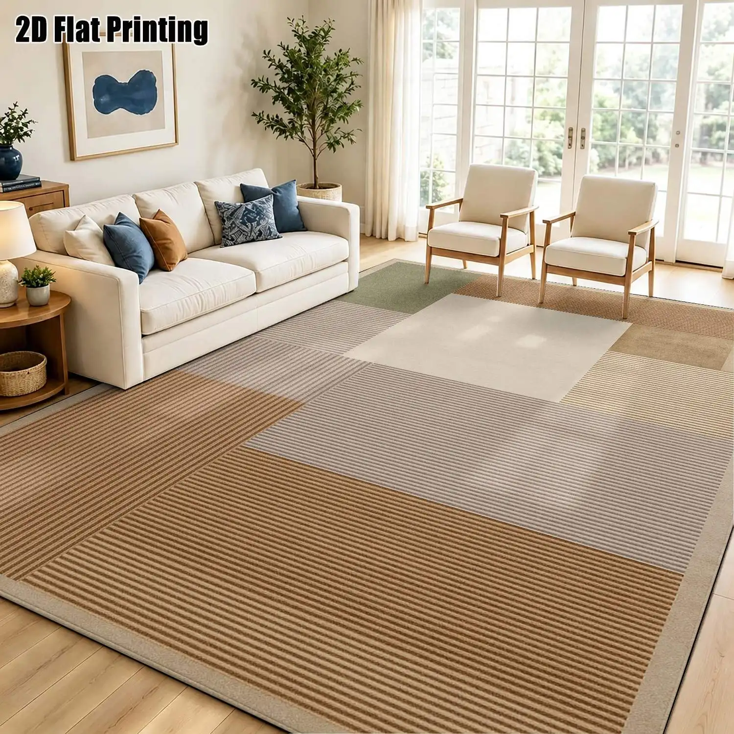 1Pc 2D Printed Retro Brown Green Geometric Striped Carpet, Modern Minimalist Nordic/European/Instagram Style Floor Mat, Home Decor, Multi-Size, Machine Washable, Suitable for Entrance, Dining, Foyer, Bedroom, Living Room