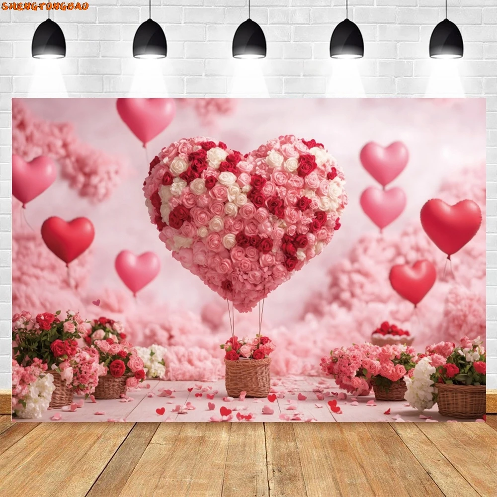 Valentijnsdag Thema Fotografie Achtergrond Romantische Bloemen Liefde Luchtballon AI Scène Bruiloft Decor Foto Achtergrond