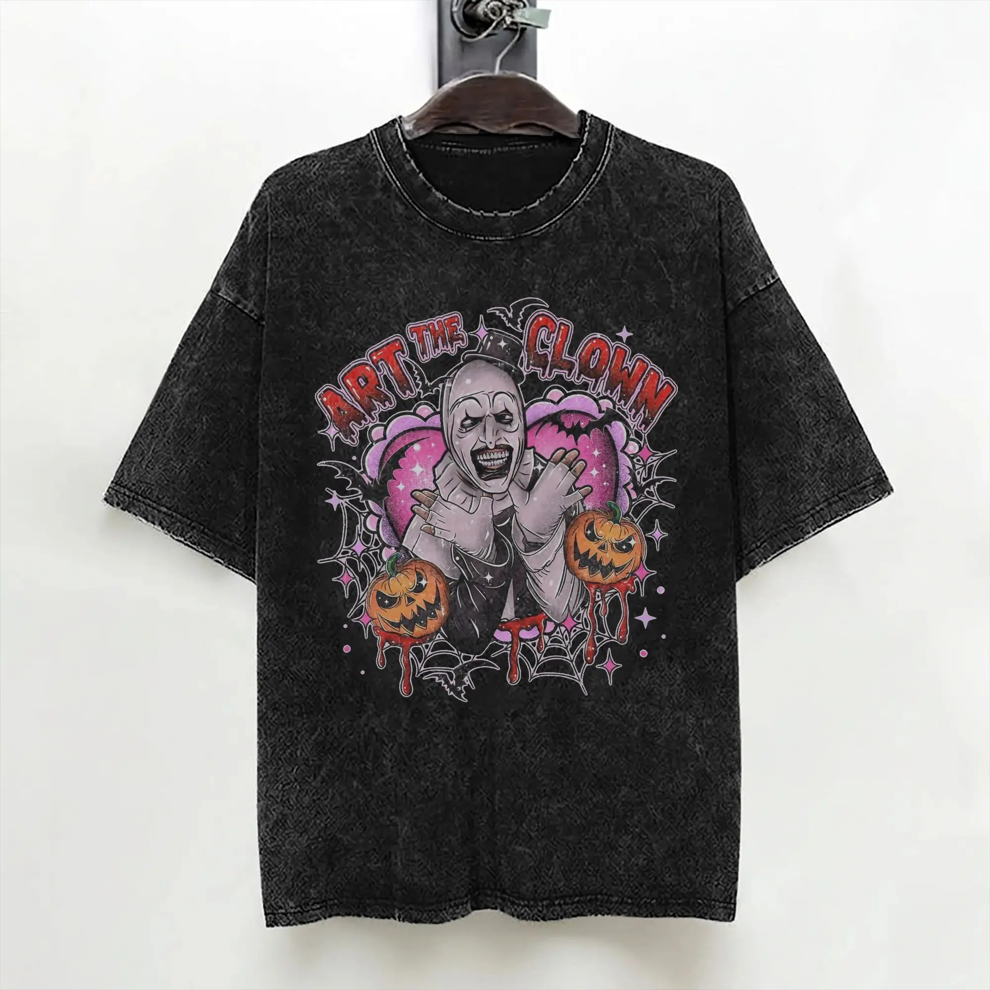 Terrifier Halloween Art The Clown Pumpkin T Shirt Washed Short Sleeve Street T-Shirts for Men Women Streetwear Printed Tops Tees