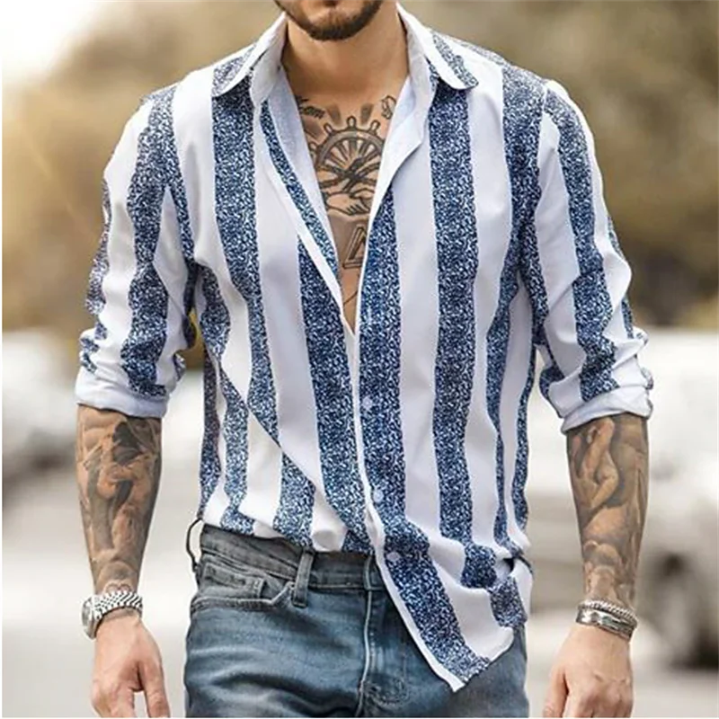 Fashion Summer Men\'s Shirt Button Up Top Black Pink Blue Long Sleeve Striped Lapel Shirt Street Daily Clothes Casual Comfortable