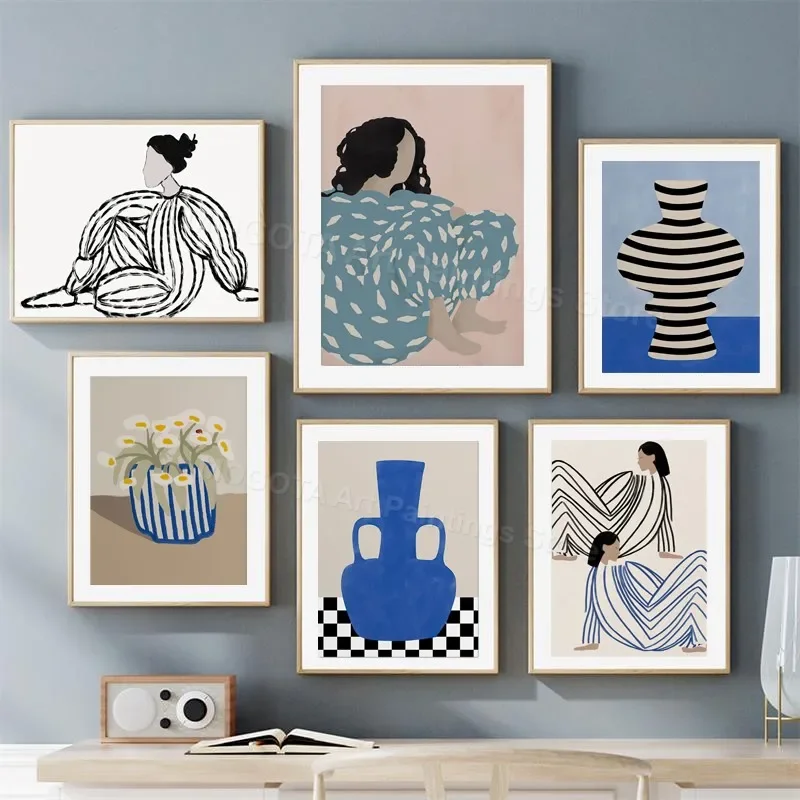 1PC Retro Abstract Line Curve Girl Vase Modern Gallery Wall Art Prints Canvas Painting Minimalist Posters Pictures Living Roo