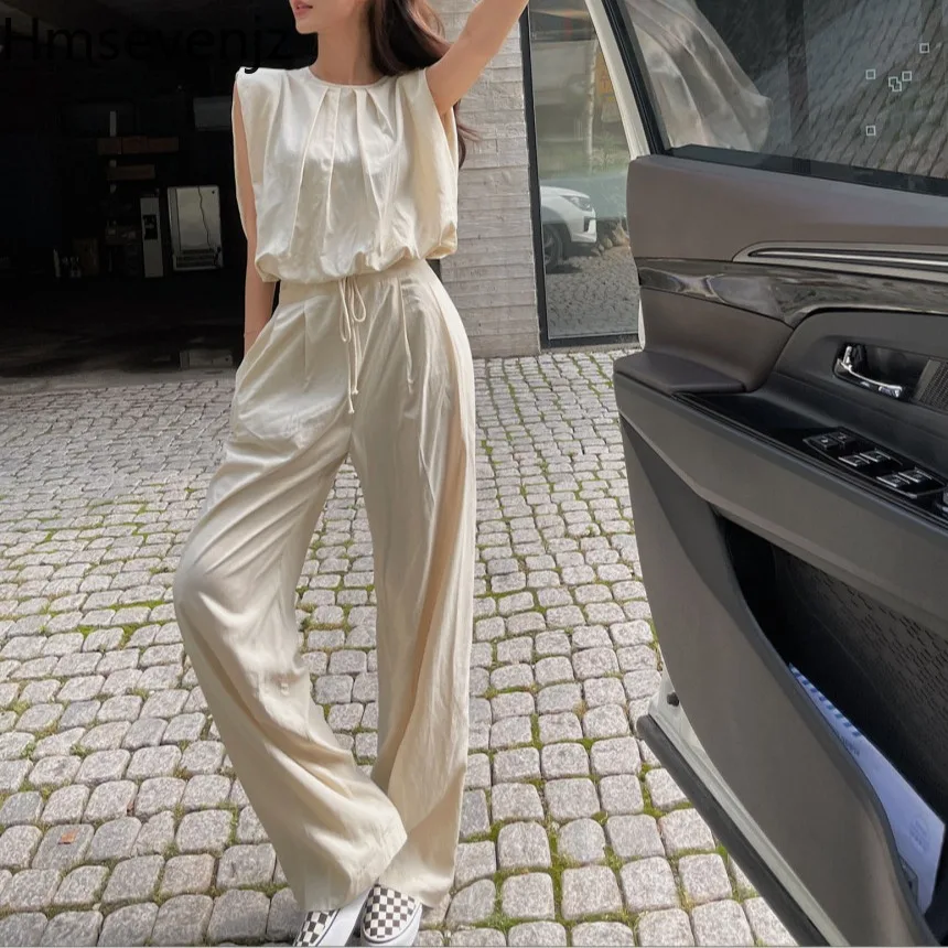 Hmsevenjz Casual กางเกงชุดสตรีฤดูร้อนเสื้อกั๊กเสื้อเอวสูง LACE-up กางเกงขากว้าง 2 ชิ้นชุด