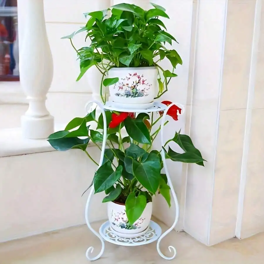 Iron Metal Indoor Plant Stand, 2-Tier Decorative Flower Pot Holder, Modern Home Garden Display Shelf Bracket For Living Room, Ba