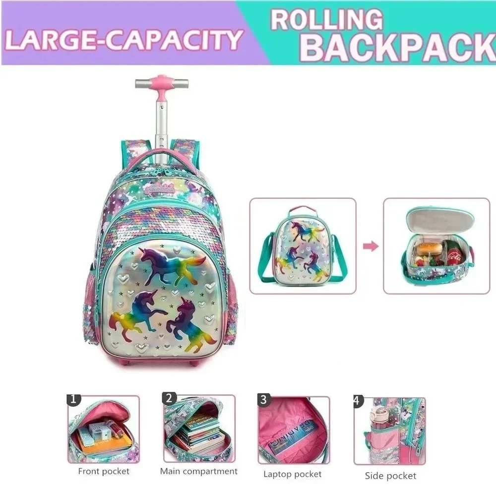 Crianças mochila escolar com rodas conjunto saco de escola meninas estudante elementar lantejoulas mochila viagem bagagem trole sacos