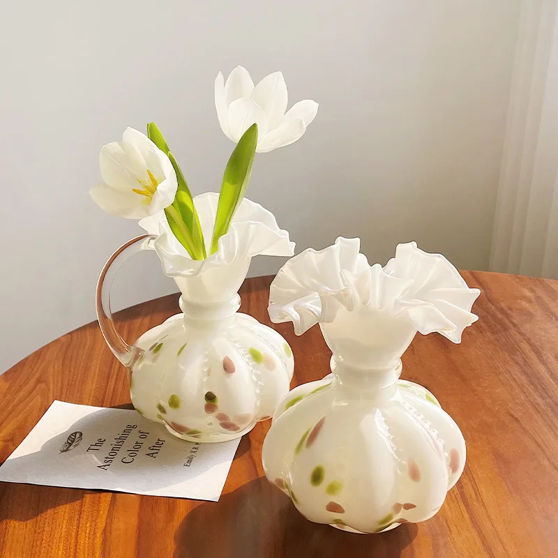 Creamy White One-ear Glass Vase Ruffle Lace Living Room Water-raised Flower Arrangement Table Top Decoration Home Decoration