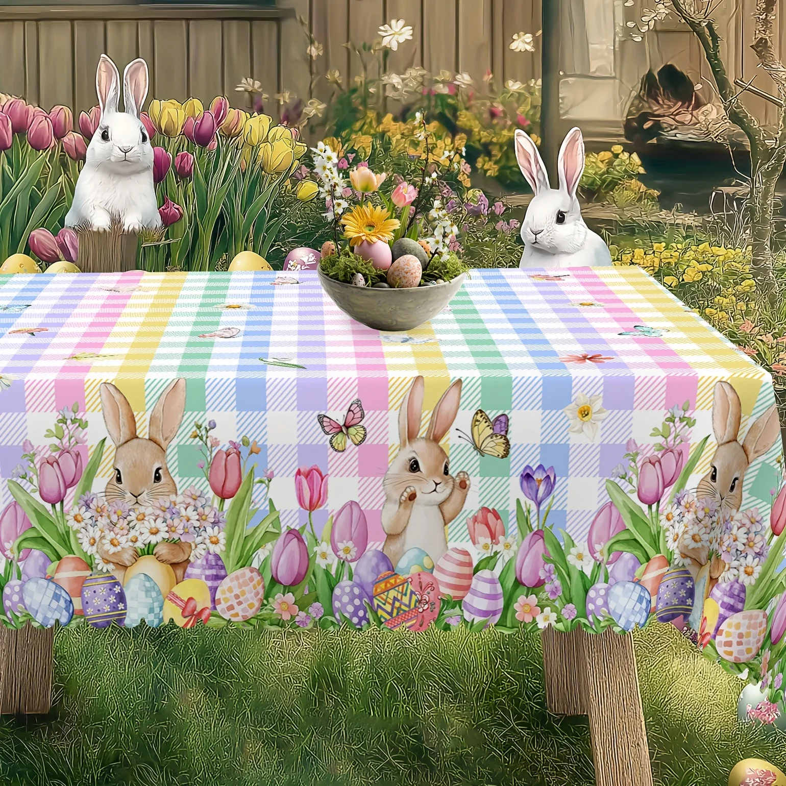 Easter Bunny Egg Floral Buffalo Plaid Tablecloth Party Decor Spring Watercolor Tulip Daisy Flowers Table Cloth Easter Decoration