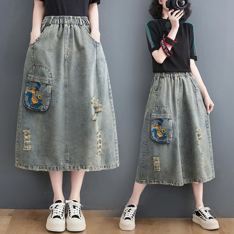 

Джинсовая юбка большого размера в стиле ретро, повседневная потертая юбка трапециевидной формы с эластичной резинкой на талии и высокой талией, новое летнее поступление