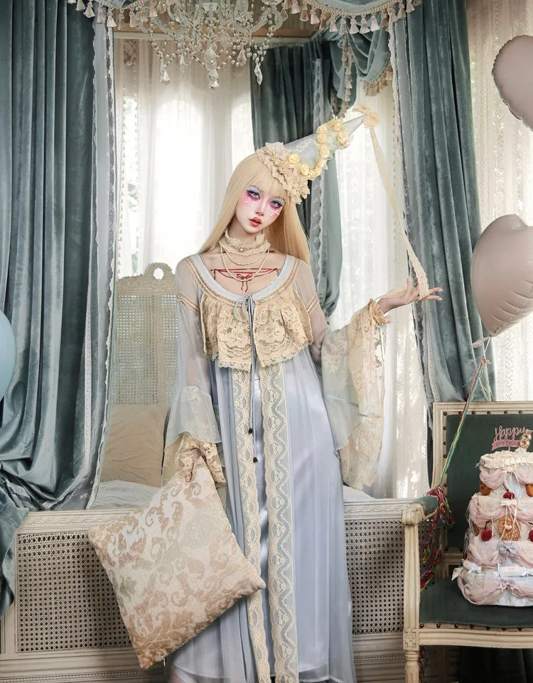 Blood Supply Original Elegant Loose Long Lace Cardigan French Rococo Retro Doll Style Long Flare Sleeve Baby Blue Summer Robe