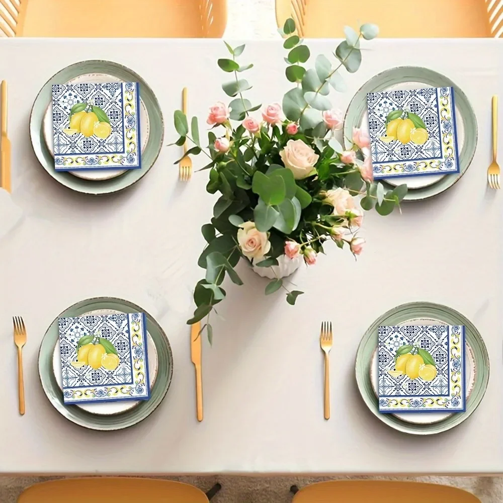 40pcs Blue and White Porcelain Lemon Disposable Napkins Square Printed Paper Placemats for Holiday Party Table Setting Decor