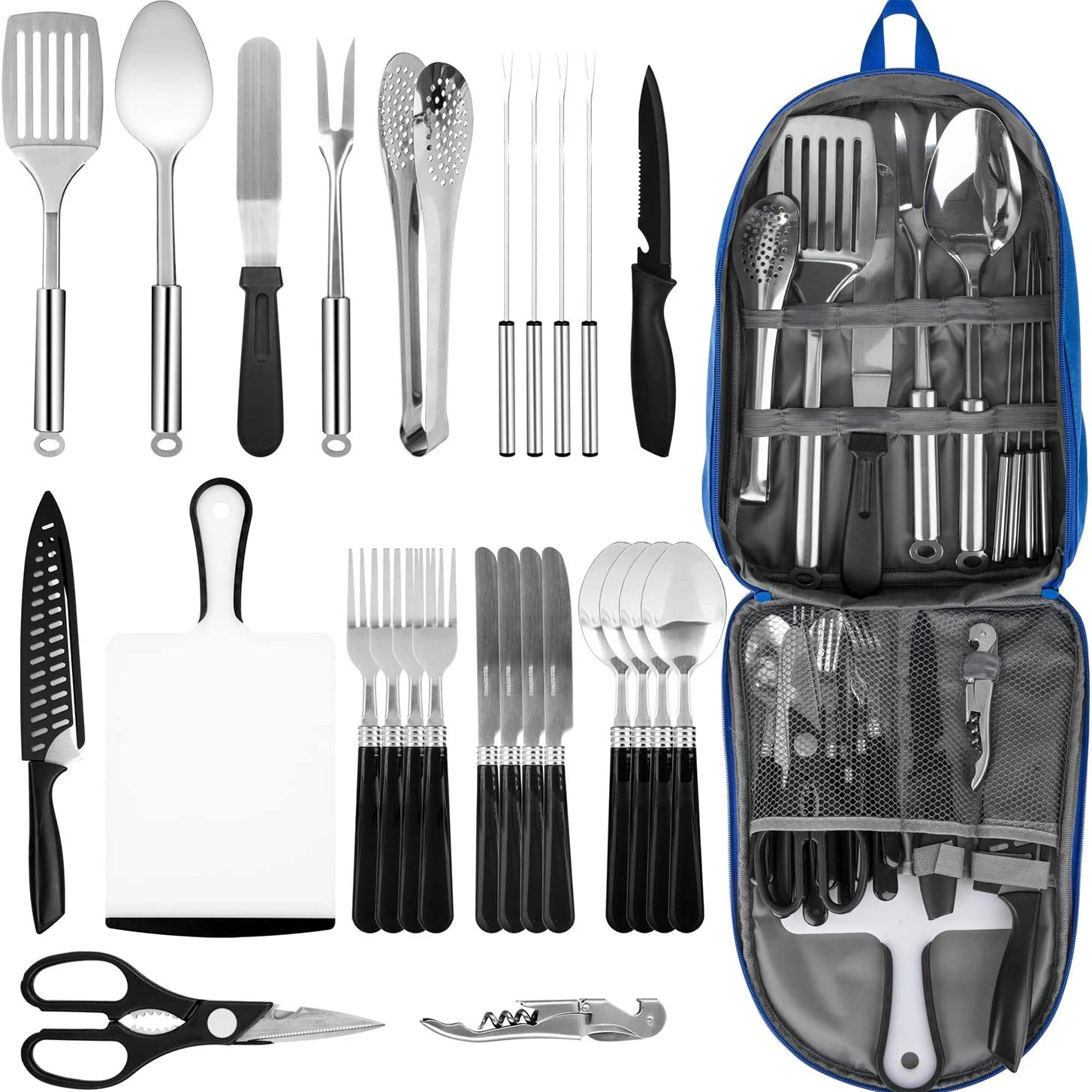 

Portable Camping Kitchen Utensil Set, Stainless Steel Outdoor Cooking and Grilling Utensil Organizer Travel Set