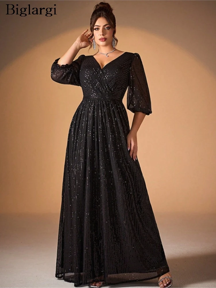 

Plus Size Summer Dress Women Sequin Bling Fashion Elegant Slim High Waist Ladies Formal Dresses Loose Woman Long Dress