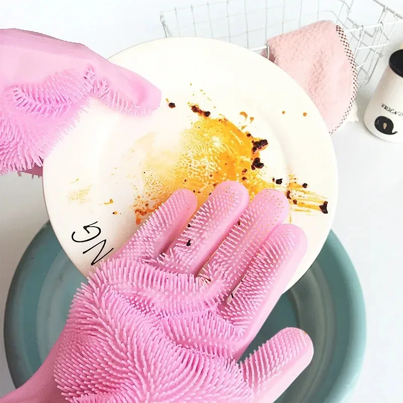 

Dishwashing Cleaning Gloves Magic Silicone Rubber Dish Washing Gloves for Household Sponge Scrubber Kitchen Cleaning Tools