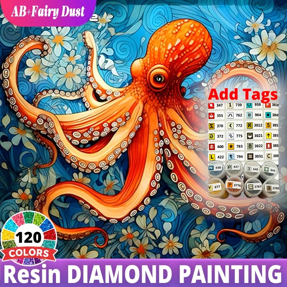 120 Color Resin AB Fairy Dust Full Square Round Diamond Painting Ocean Wildlife Orange Octopus Reef Mosaic Embroidery Gift