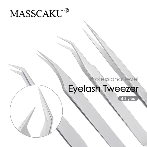1 Uds. Pinzas de extensión de pestañas MASSCAKU, pinzas superduras de acero inoxidable, herramienta de maquillaje de pestañas profesionales no magnéticas
