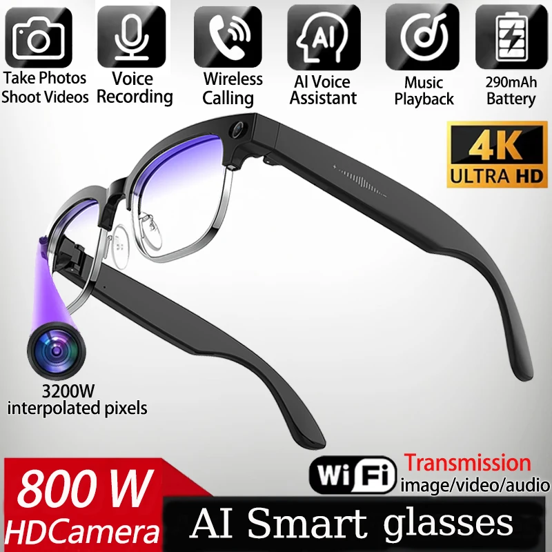 

4K Smart AI Glasses 8MP Camera Recording Videos Photo Recognition Answer Translation BT Call Photochromic Sunglasses Waterproof