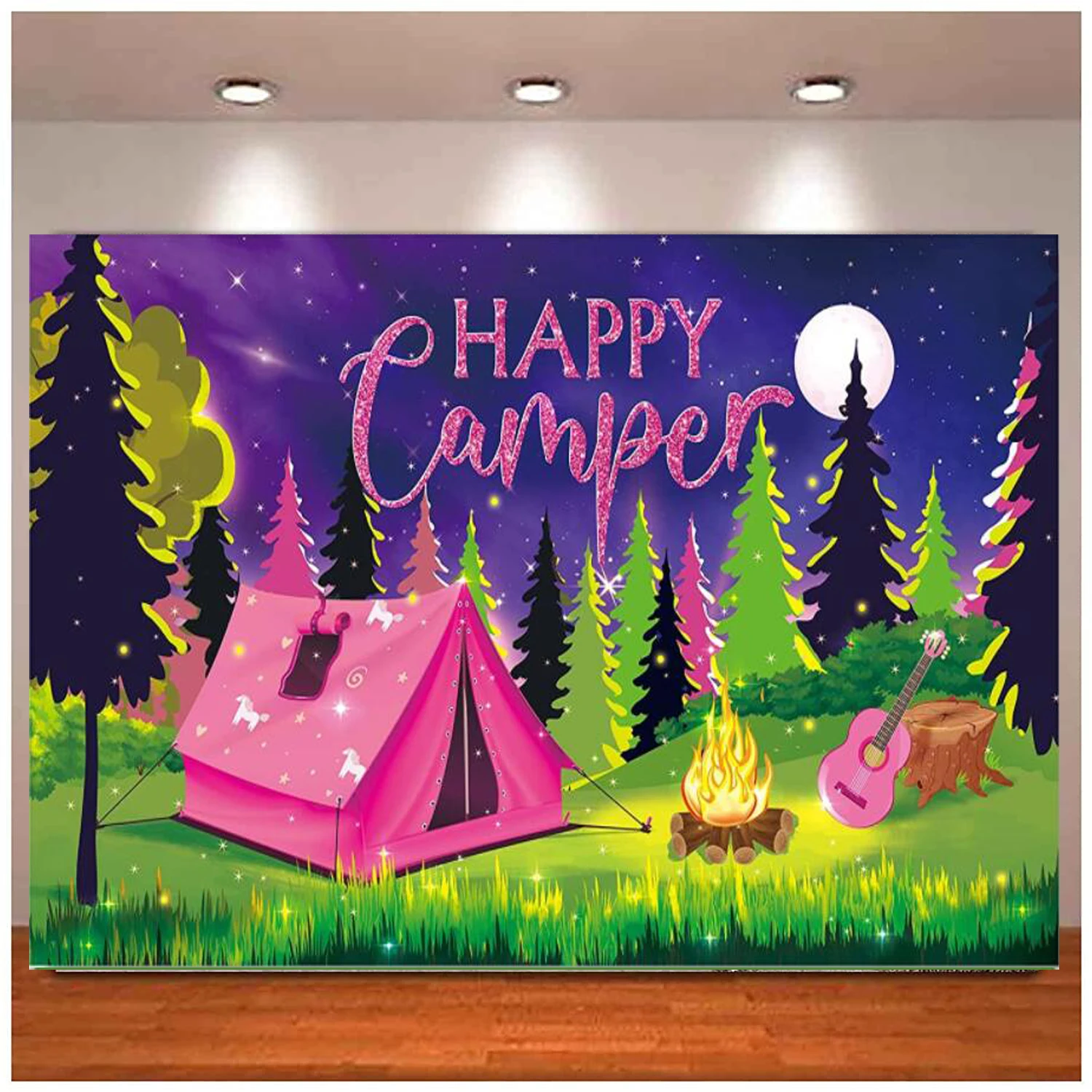 

Happy Camping Photography Backdrop Romantic Pink Tent Campfire Background Banner for Forest Camper Girls Decor Birthday Party