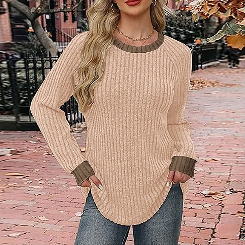 

2025 Новый легкий свитер с длинными рукавами и круглым вырезом с цветными блоками, модный повседневный топ, женский спортивный пуловер, повседневный топ