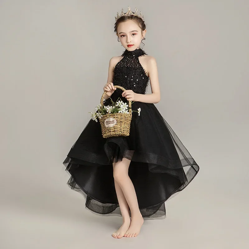 Girls Dress Trailing Black Sleeveless Princess Costume Wedding Party Children Clothes Elegant Pageant Prom Dresses 8 12 14 Year