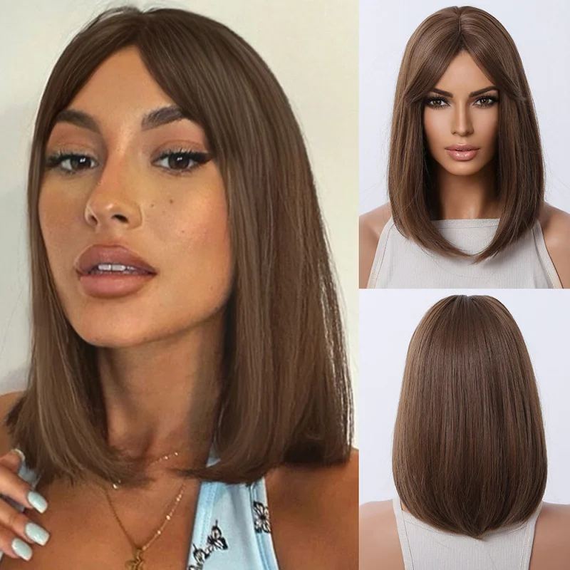 Women's Bob with Bangs, Brown Full Wig
