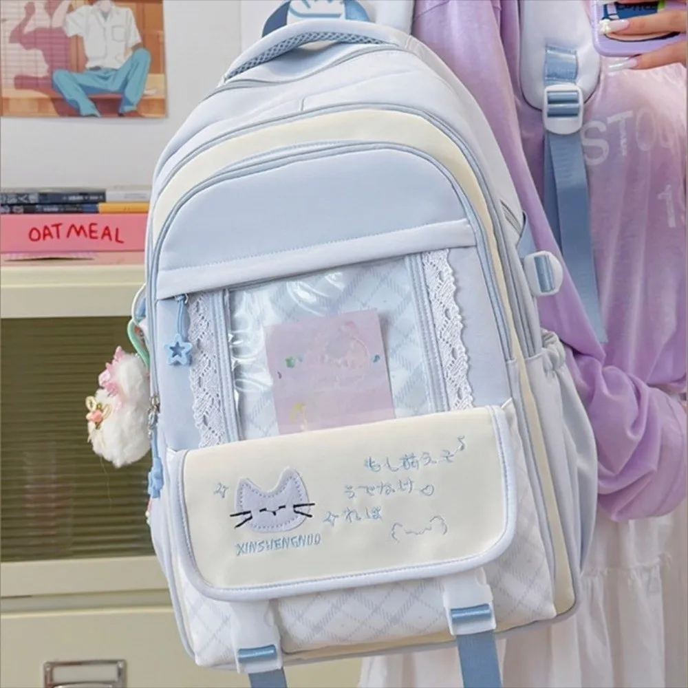 Casual Nylon Hollow Lace Backpack Color-blocked Cute Large Capacity School Bag Durable Preppy Style Cat Plaid Backpack Weekend