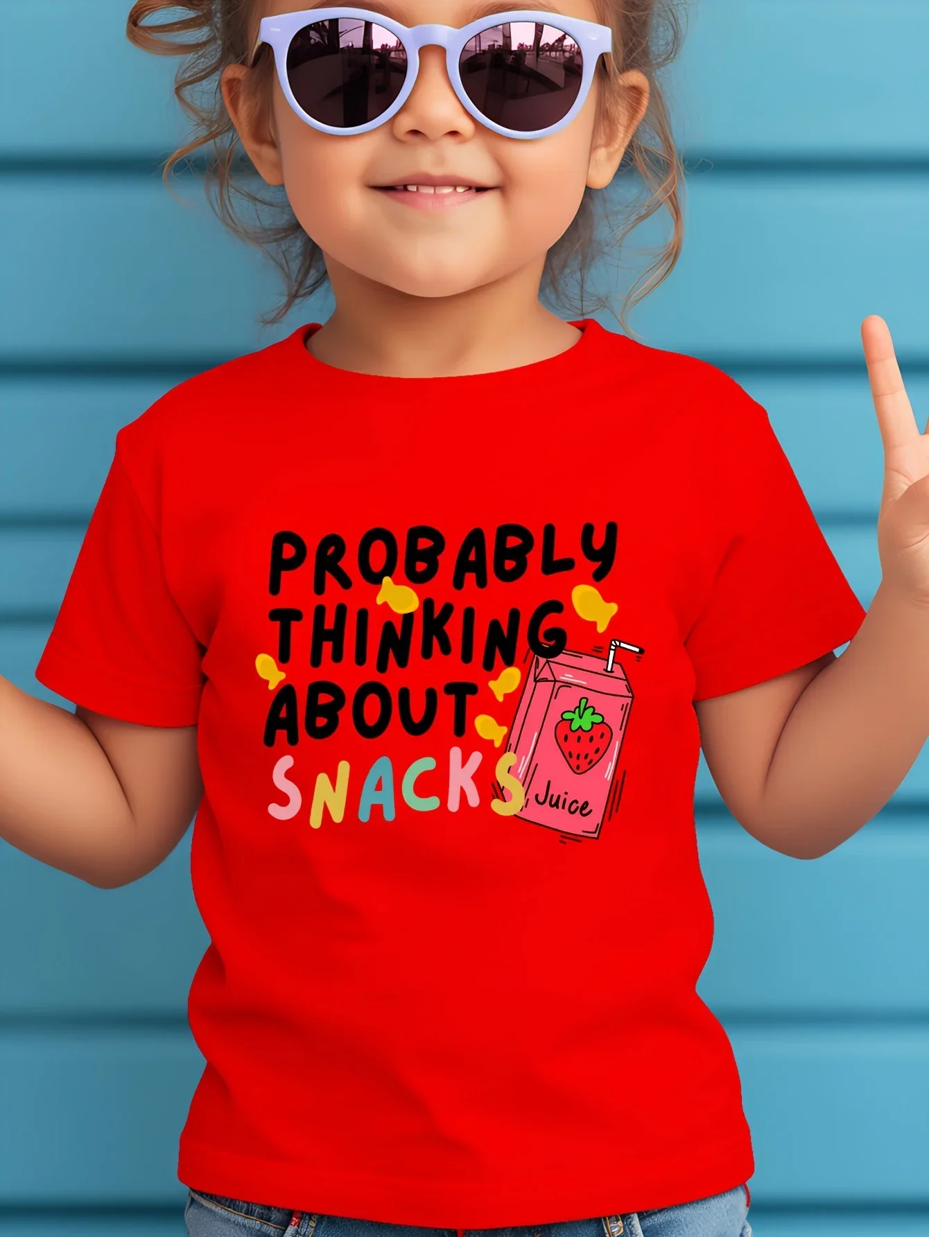 Funny Snack Slogan Print Kids Short Sleeve T Shirt Probably Thinking About Snacks Graphic Toddler Boys Girls Casual Summer Tee T