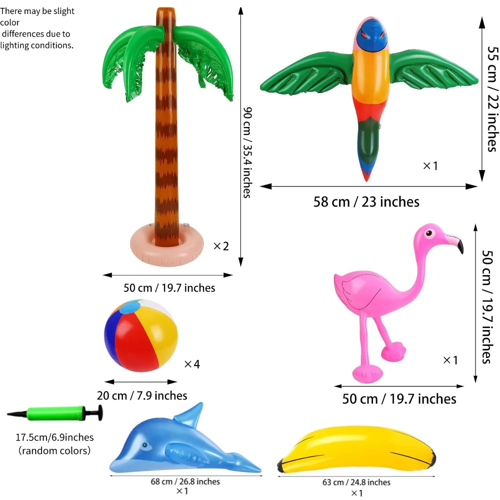 37 piece inflatable Hawaiian themed party set, including inflatable palm trees, inflatable banana beach balls, flamingo toys, flying parrots and dolphins, Hawaiian flower garlands, turtle back bamboo leaves, Hawaiian flowers, suitable for Hawaiian partie