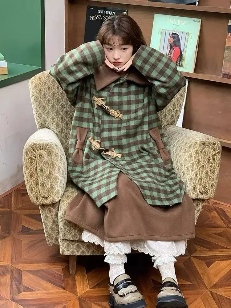 

Клетчатое пальто с кружевной отделкой, комплект с юбкой, женский винтажный длинный шерстяной плащ, комплект из 2 предметов