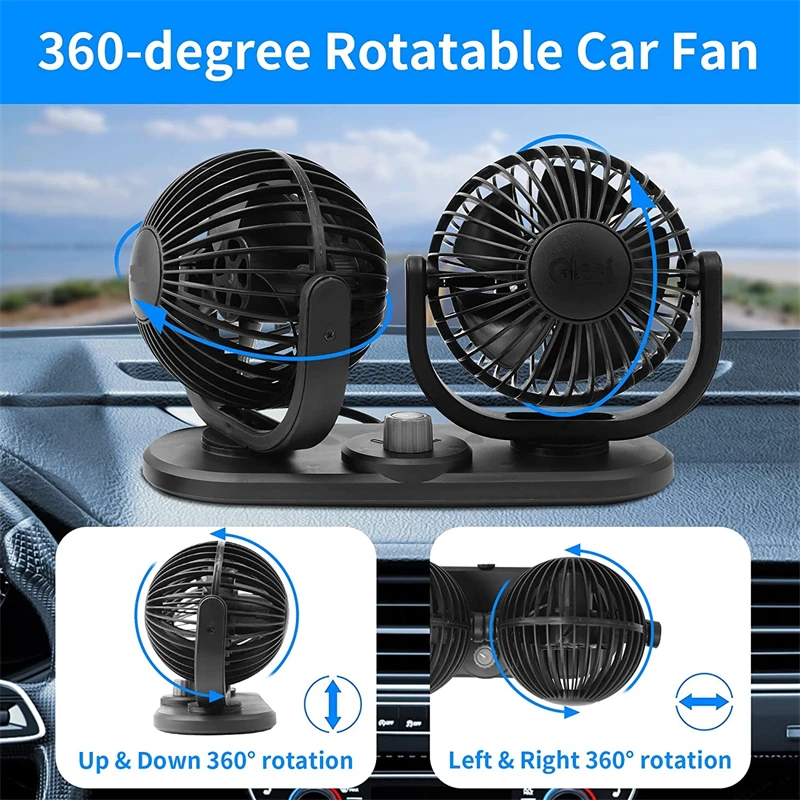 

12V Cooling Air Fan Powerful Dashboard Electric Dual Car Fan Cigarette Lighter Low Noise 360° Rotatable Truck Vehicle Boat Van