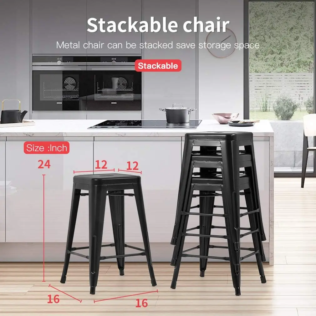 24 Inch Metal Stools Bar Stools Set Height Stackable Barstools Indoor Outdoor Dining Backless Kitchen Bar Stools Set of 4 (Black