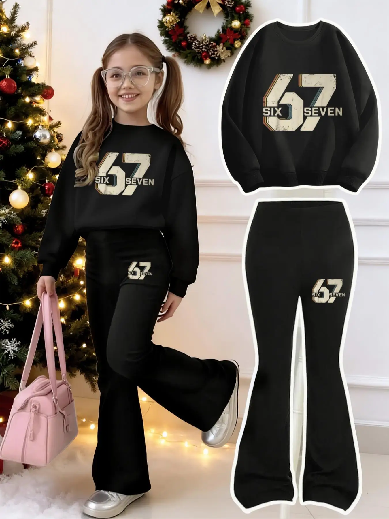 Set aus 4–12 Jahre altem Retro-Cool-67-Buchstaben- und Zahlen-Sweatshirt und Schlaghose, schwarzes Sweatshirt mit Vintage-Aufdruck „67 Six Seven“-Muster, einfarbiges Set, vielseitig einsetzbar für