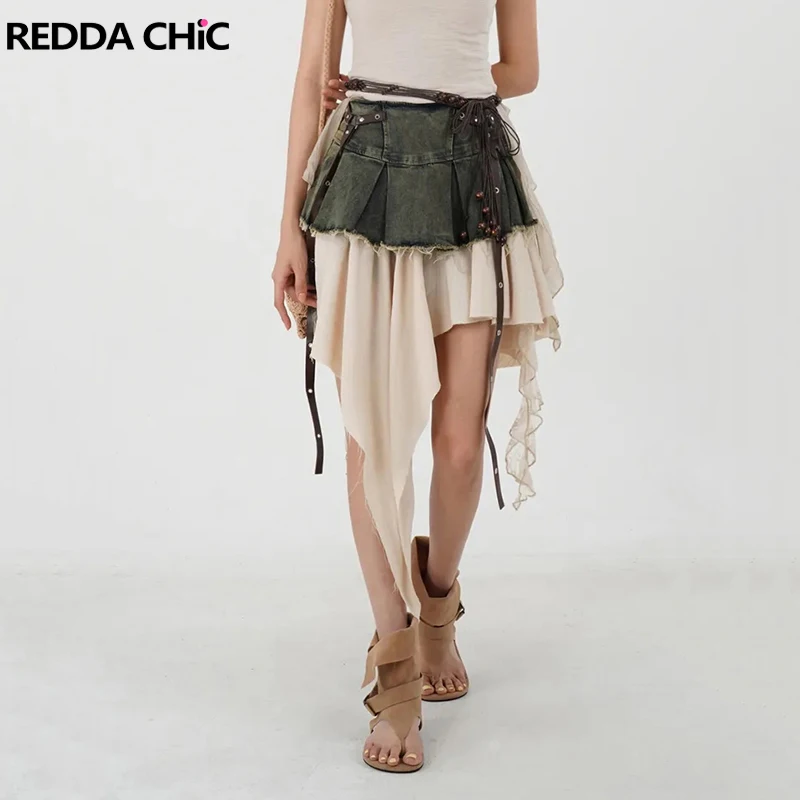 

REDDACHiC Stitch Raw Edge Denim Asymmetrical Skirt Hippie Vintage High Waist Pleats Ruffle Flowy Long Skirt Summer Women Clothes