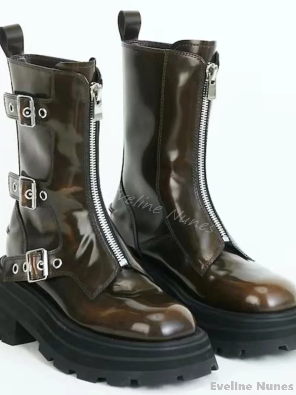 Front Zipper Belt Buckle Ankle Boots Women Round Toe Leather Splicing Retro Brown Knight Boots 2024 New Fashion Motorcycle Boots