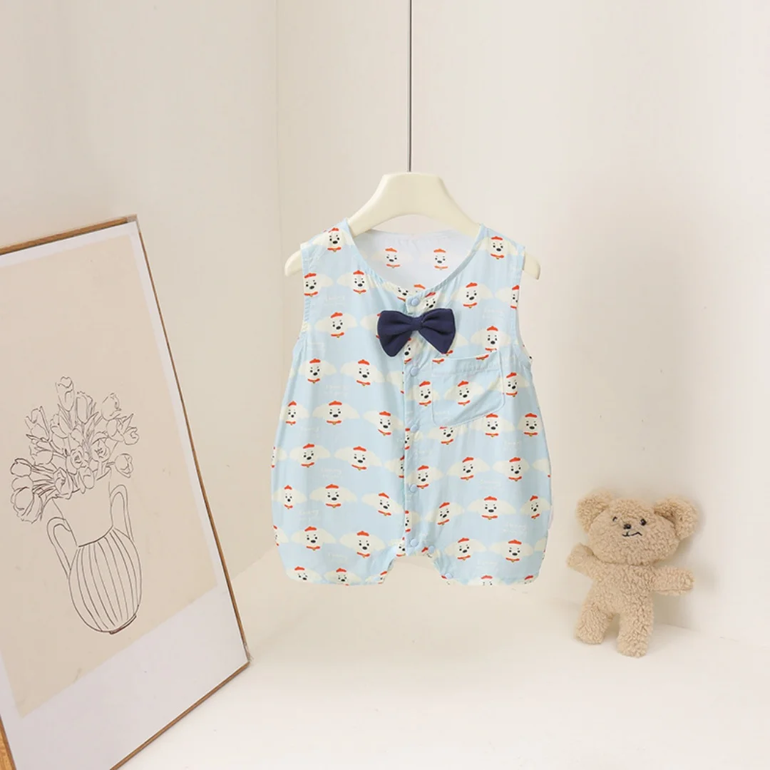 3M-3Y 2026 Summer New Cute Style Baby Bodysuit Bow Cartoon Print Sleeveless Boys Jumpsuit Thin Soft Toddler Romper