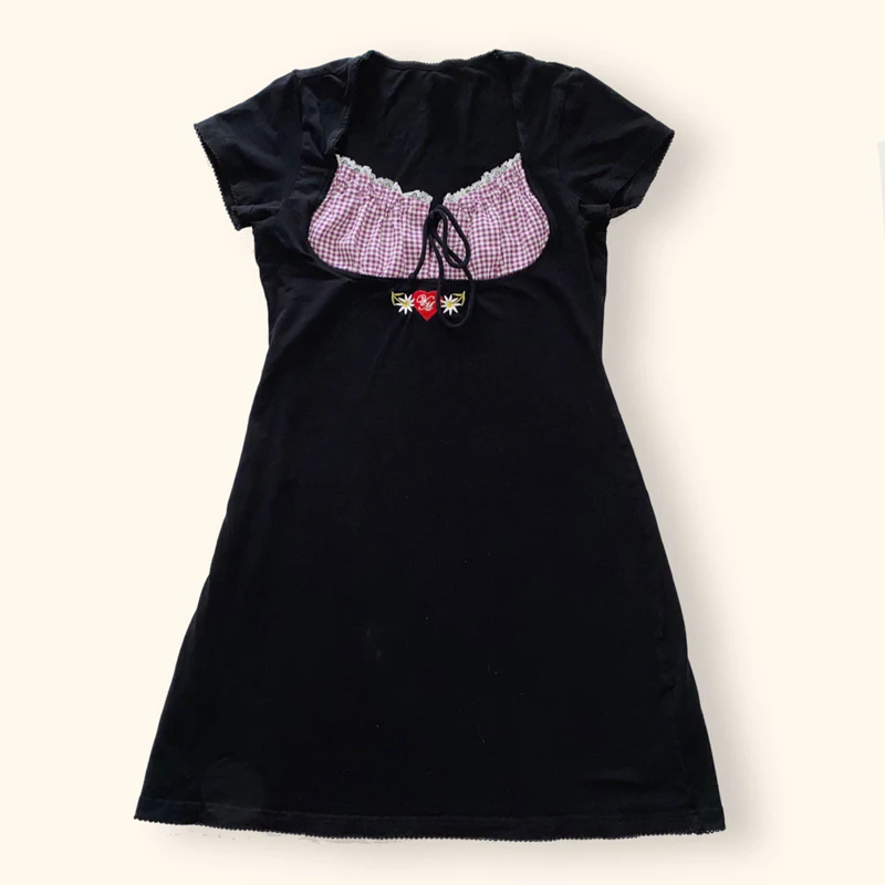 90s Vintage Kawaii Bow Embroidery Mini Dress Patchwork Square Collar Short Sleeve Dress Y2K Aesthetic Fairy Clothes dresses 2022