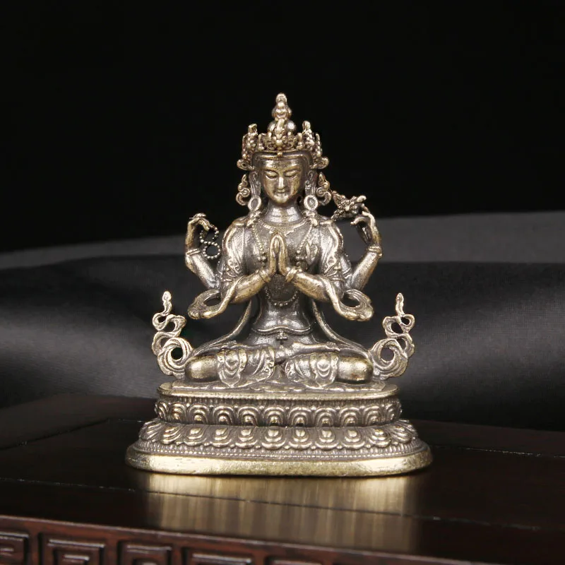 Retro Brass Four Armed Guanyin Statue Desktop Ornament Religious Worship Statue Bodhisattva Bronze Statue Cultural And Artistic