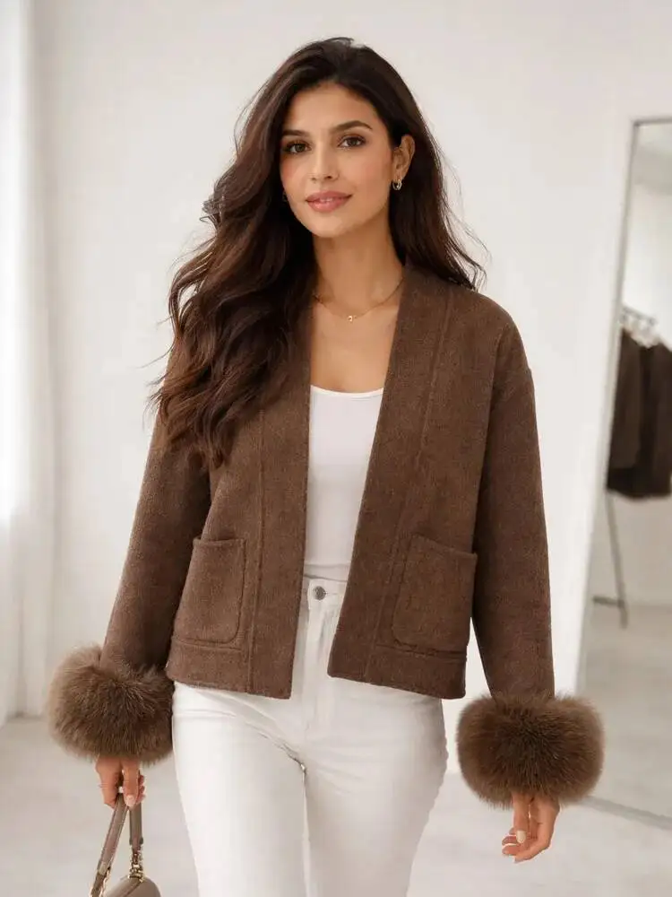 ONEXWEN 2026 Women's Brown Wool Blend Short Coat With Detachable Fur Cuffs V-Neck Open Front Winter Jacket ZM5417