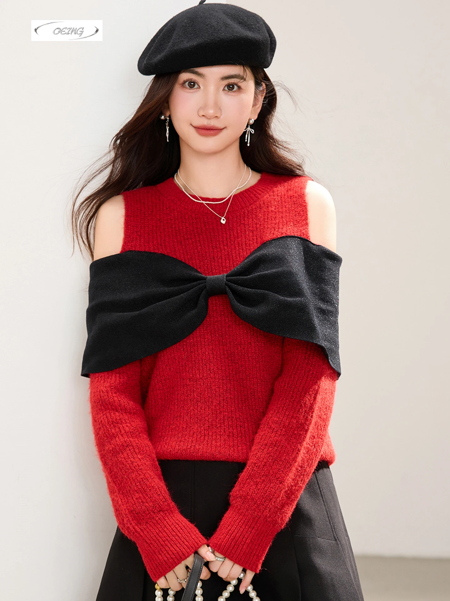 

Красный пуловер с открытыми плечами и длинными рукавами с бантом для женщин, осень-зима, милый элегантный свободный вязаный джемпер 5824