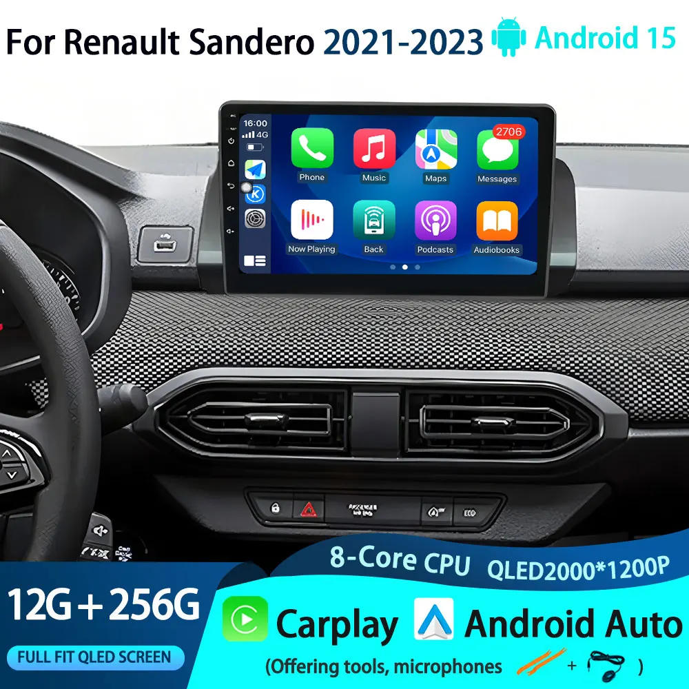 

Android 15 Carplay Auto WIFI+4G For Renault Sandero 2021-2023 Car Radio Multimedia GPS Video Player Stereo Head Unit Audio