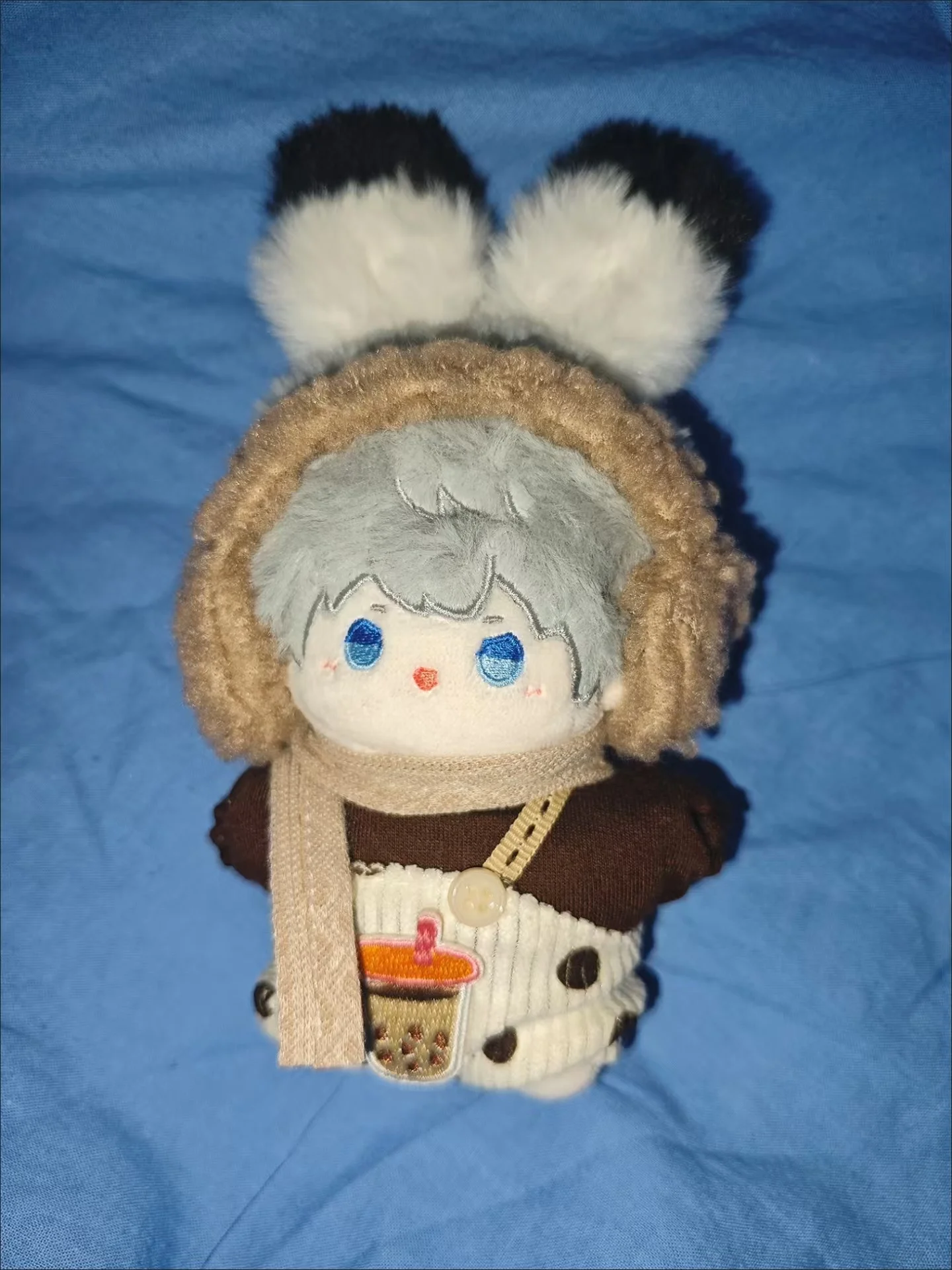 10cm Cotton Doll Clothes Outfit Milk Tea Sister Pants with suspenders with Plush Headdress and Scarf for Love and Deepspace